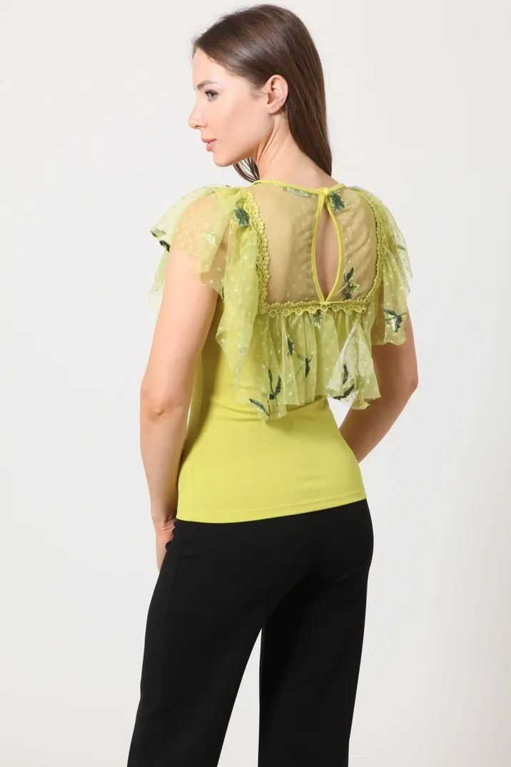 Embroidered lace detailed top for women, combining knit and woven fabrics for an elegant, dressy blouse. Made in the USA with stretchy, comfortable materials, this sophisticated top features intricate lace embroidery that adds a delicate and stylish touch. Perfect for formal occasions or office wear, it offers both comfort and elegance, making it a versatile piece to elevate any outfit with a refined and polished look.