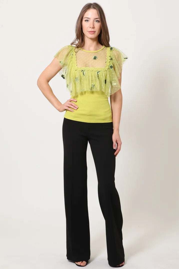 Embroidered lace detailed top for women, combining knit and woven fabrics for an elegant, dressy blouse. Made in the USA with stretchy, comfortable materials, this sophisticated top features intricate lace embroidery that adds a delicate and stylish touch. Perfect for formal occasions or office wear, it offers both comfort and elegance, making it a versatile piece to elevate any outfit with a refined and polished look.