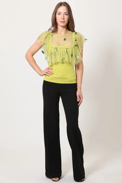 Embroidered lace detailed top for women, combining knit and woven fabrics for an elegant, dressy blouse. Made in the USA with stretchy, comfortable materials, this sophisticated top features intricate lace embroidery that adds a delicate and stylish touch. Perfect for formal occasions or office wear, it offers both comfort and elegance, making it a versatile piece to elevate any outfit with a refined and polished look.