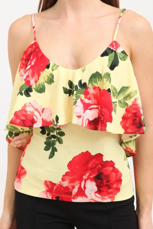 Strap ruffle flower print top for women made from soft knit fabric, featuring delicate floral details and lightweight construction. This summer blouse is designed for casual wear, offering comfort and breathability during warm weather. Made in the USA, it combines feminine ruffle straps with a vibrant flower print for a stylish and versatile outfit option perfect for everyday use or casual outings.