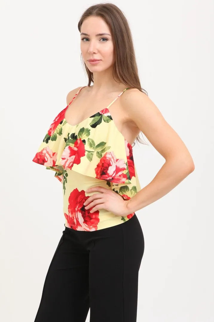 Strap ruffle flower print top for women made from soft knit fabric, featuring delicate floral details and lightweight construction. This summer blouse is designed for casual wear, offering comfort and breathability during warm weather. Made in the USA, it combines feminine ruffle straps with a vibrant flower print for a stylish and versatile outfit option perfect for everyday use or casual outings.