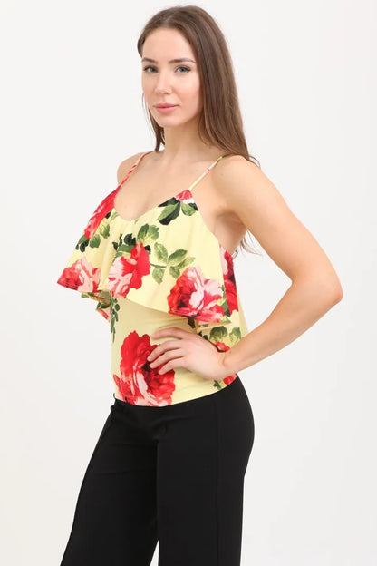 Strap ruffle flower print top for women made from soft knit fabric, featuring delicate floral details and lightweight construction. This summer blouse is designed for casual wear, offering comfort and breathability during warm weather. Made in the USA, it combines feminine ruffle straps with a vibrant flower print for a stylish and versatile outfit option perfect for everyday use or casual outings.