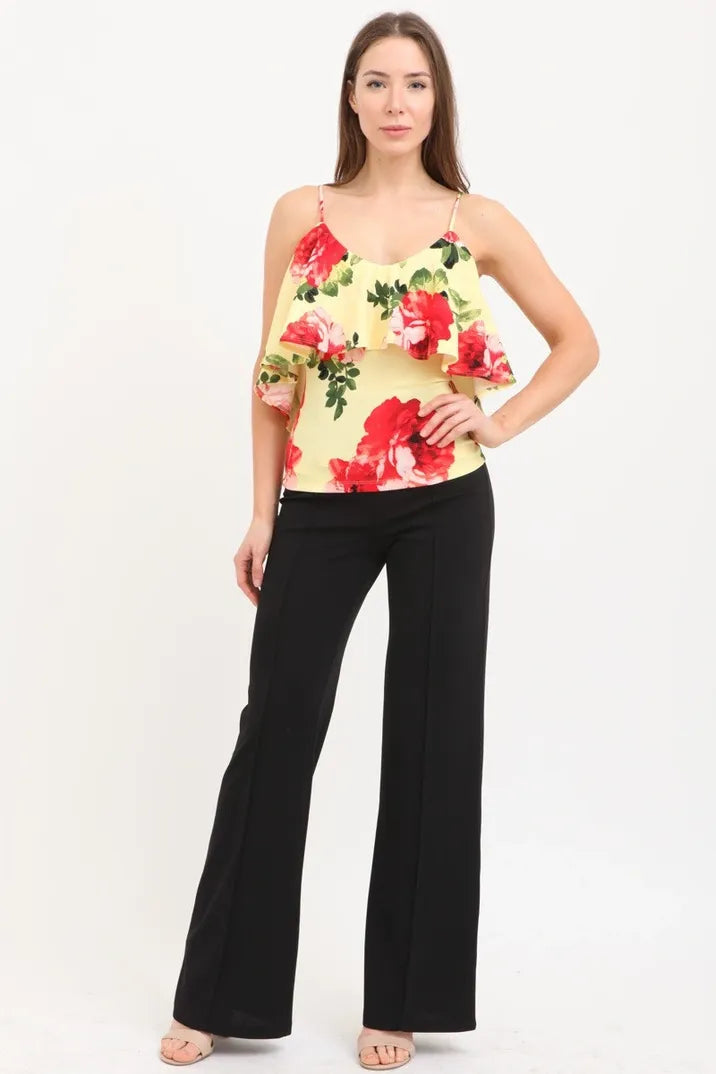 Strap ruffle flower print top for women made from soft knit fabric, featuring delicate floral details and lightweight construction. This summer blouse is designed for casual wear, offering comfort and breathability during warm weather. Made in the USA, it combines feminine ruffle straps with a vibrant flower print for a stylish and versatile outfit option perfect for everyday use or casual outings.