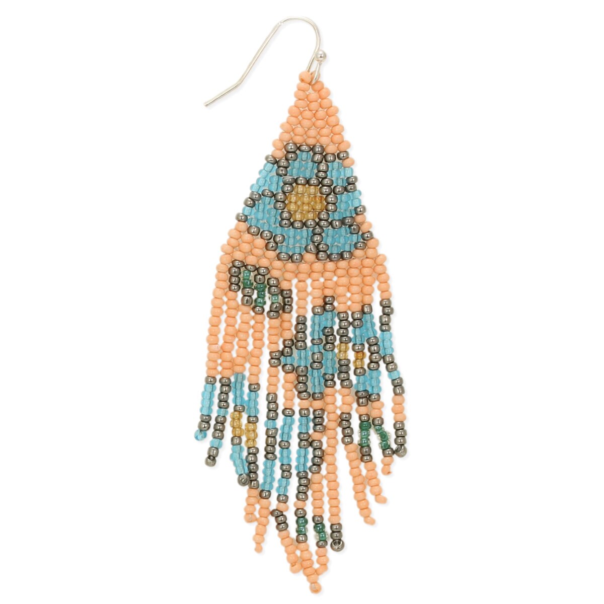 Fringe Floral Earrings featuring large pastel glass beads in light blue and peach tones, handmade with boho-inspired floral designs. These statement earrings add a soft, feminine touch with delicate fringe details, perfect for women who love artisanal, colorful jewelry. Ideal gift for birthdays, holidays, or special occasions, combining elegance and playful charm to elevate casual or dressy outfits with handcrafted style.