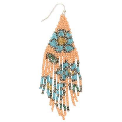 Fringe Floral Earrings featuring large pastel glass beads in light blue and peach tones, handmade with boho-inspired floral designs. These statement earrings add a soft, feminine touch with delicate fringe details, perfect for women who love artisanal, colorful jewelry. Ideal gift for birthdays, holidays, or special occasions, combining elegance and playful charm to elevate casual or dressy outfits with handcrafted style.