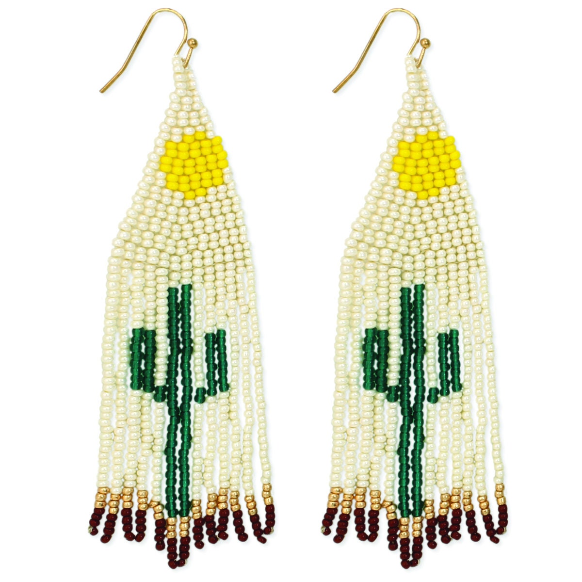 Cactus Earrings featuring Southwest-style glass beadwork with large tassels and fringe design, handmade statement jewelry for women. These colorful earrings showcase intricate bead patterns inspired by desert motifs, perfect for adding bold flair to boho or festival outfits. Lightweight and eye-catching, they make a thoughtful handmade gift for women who love unique, artisanal accessories with southwestern charm and vibrant style.