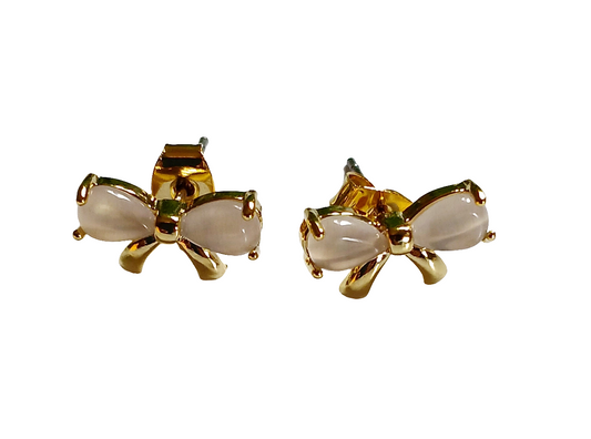 Gold-Plated Beaded Ribbon Bow Stud Earrings – Elegant & Chic