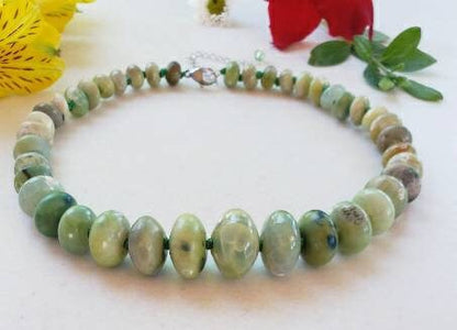 Green Agate Handmade Beaded Necklace featuring polished natural stone beads in rich green hues, perfect for women who love crystal jewelry with meaning and elegance. This handcrafted necklace makes a thoughtful wedding gift or a special present for her, blending earthy charm with timeless beauty. Ideal for both everyday wear and formal occasions, it showcases the grounding energy of agate in a unique, artisan design that celebrates nature, healing, and personal style.