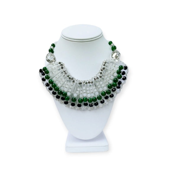 Green Jade Crystal Beaded Necklace featuring a bold multi-layer bib design, perfect as chunky statement jewelry for women. Handmade with natural green jade and sparkling crystals, this elegant necklace adds vibrant color and texture to any outfit. Ideal for special occasions, evening wear, or as a unique everyday accessory. A standout handmade gift for her, combining earthy charm with glamorous style in a one-of-a-kind green necklace design.