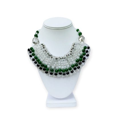 Green Jade Crystal Beaded Necklace featuring a bold multi-layer bib design, perfect as chunky statement jewelry for women. Handmade with natural green jade and sparkling crystals, this elegant necklace adds vibrant color and texture to any outfit. Ideal for special occasions, evening wear, or as a unique everyday accessory. A standout handmade gift for her, combining earthy charm with glamorous style in a one-of-a-kind green necklace design.