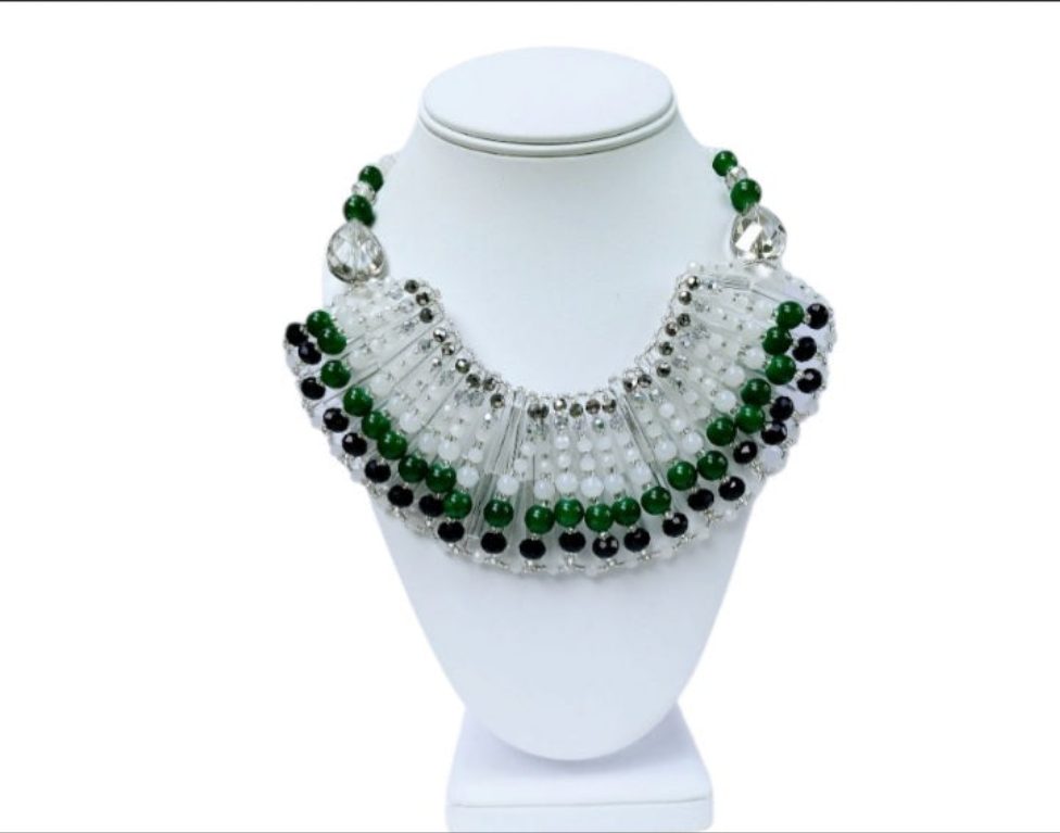 Green Jade Crystal Beaded Necklace featuring a bold multi-layer bib design, perfect as chunky statement jewelry for women. Handmade with natural green jade and sparkling crystals, this elegant necklace adds vibrant color and texture to any outfit. Ideal for special occasions, evening wear, or as a unique everyday accessory. A standout handmade gift for her, combining earthy charm with glamorous style in a one-of-a-kind green necklace design.