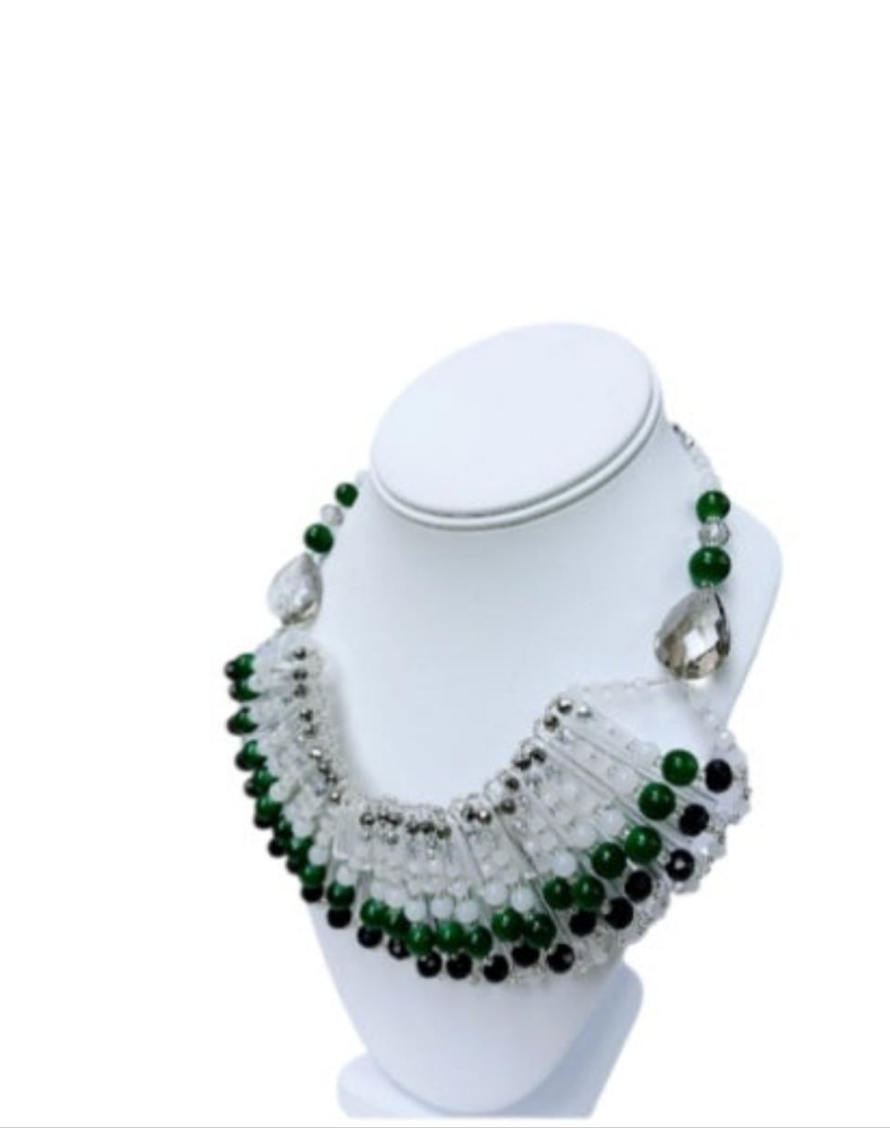 Green Jade Crystal Beaded Necklace featuring a bold multi-layer bib design, perfect as chunky statement jewelry for women. Handmade with natural green jade and sparkling crystals, this elegant necklace adds vibrant color and texture to any outfit. Ideal for special occasions, evening wear, or as a unique everyday accessory. A standout handmade gift for her, combining earthy charm with glamorous style in a one-of-a-kind green necklace design.