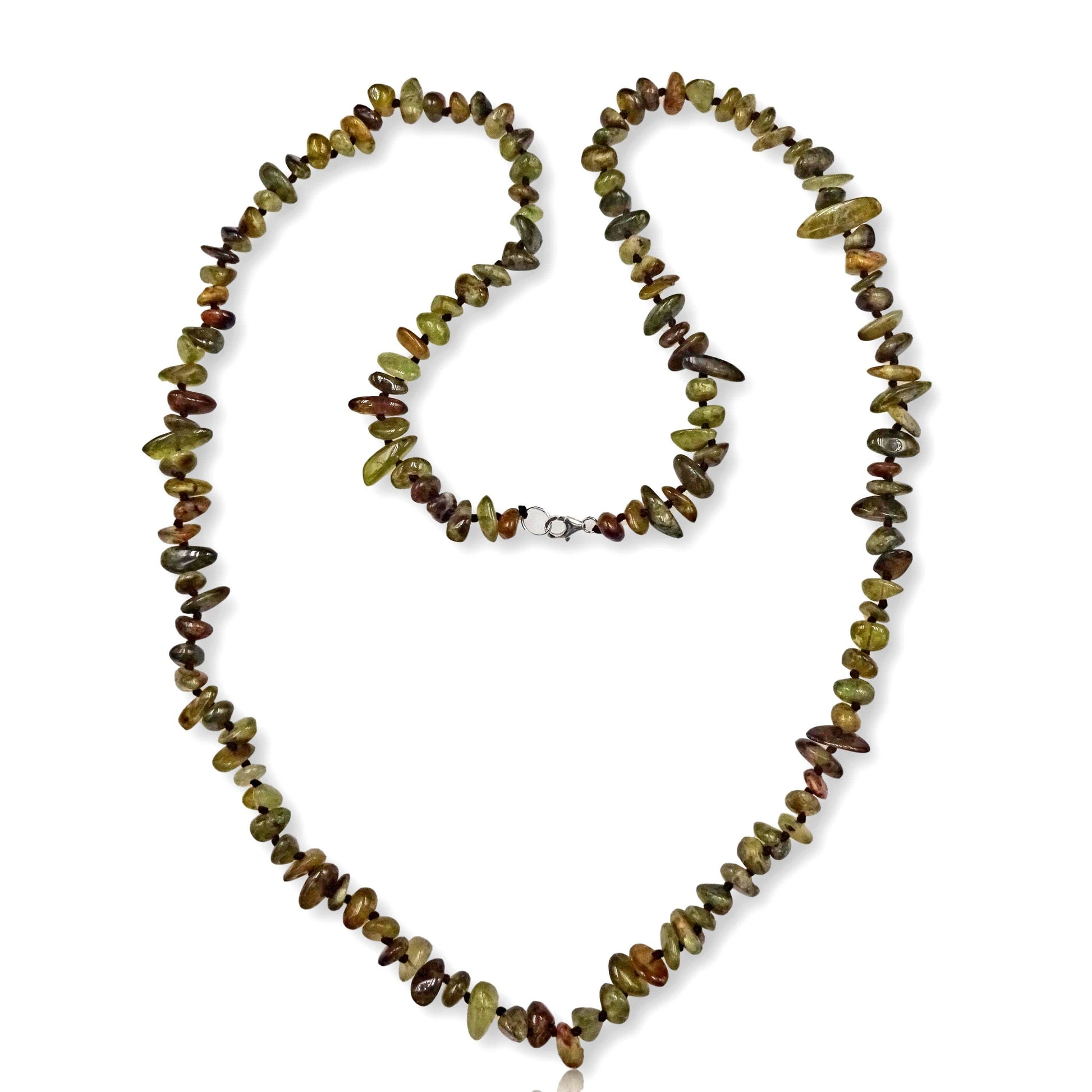 Natural Green Garnet Long Necklace for Women featuring double strands of vibrant green garnet gemstones, expertly handcrafted for elegance and durability. This stunning gemstone jewelry piece is secured with a sterling silver clasp, symbolizing abundance and prosperity. Perfect for adding a touch of natural beauty and positive energy to any outfit, making it an ideal gift for her on birthdays, anniversaries, or special occasions.