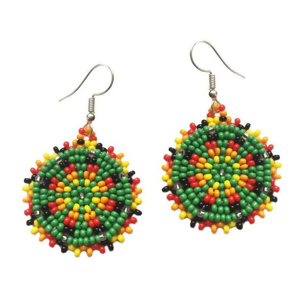Green Handmade Beaded Earrings for women featuring intricate native-style beadwork in a bold boho design. These statement green medallion earrings showcase vibrant beads arranged in festival-inspired patterns, perfect for adding color and artistry to any outfit. Ideal gift for women who love unique, handcrafted jewelry with cultural flair. Lightweight and eye-catching, these earrings complement casual and dressy looks alike, making them perfect for festivals or everyday wear.
