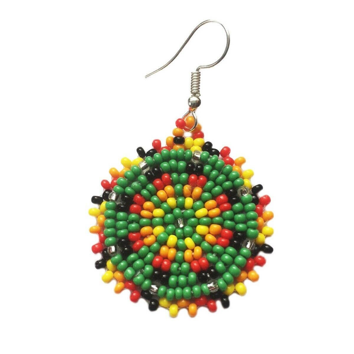 Green Handmade Beaded Earrings for women featuring intricate native-style beadwork in a bold boho design. These statement green medallion earrings showcase vibrant beads arranged in festival-inspired patterns, perfect for adding color and artistry to any outfit. Ideal gift for women who love unique, handcrafted jewelry with cultural flair. Lightweight and eye-catching, these earrings complement casual and dressy looks alike, making them perfect for festivals or everyday wear.