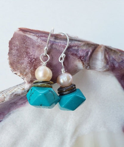 Akoya Shell with Pearl and Turquoise Earrings