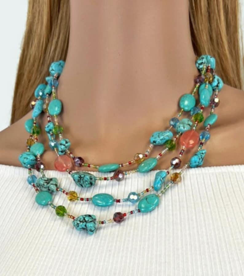 Multi-Strand Turquoise, Magnesite and Cherry Quartz Necklace