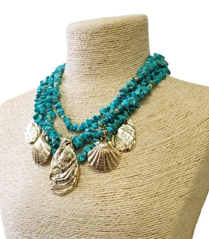 Turquoise Blue Layered Chip & Gold Seashell Charm Necklace