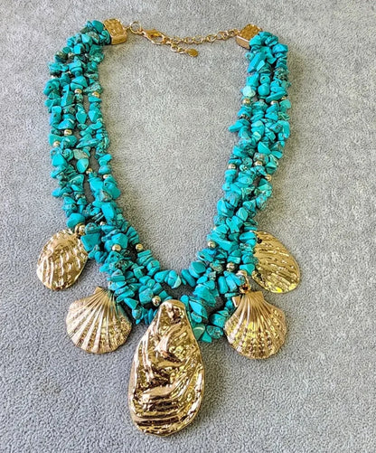 Turquoise Blue Layered Chip & Gold Seashell Charm Necklace