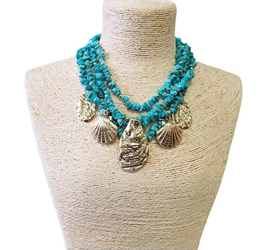 Turquoise Blue Layered Chip & Gold Seashell Charm Necklace