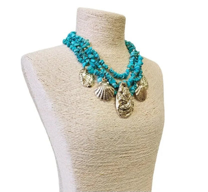 Turquoise Blue Layered Chip & Gold Seashell Charm Necklace