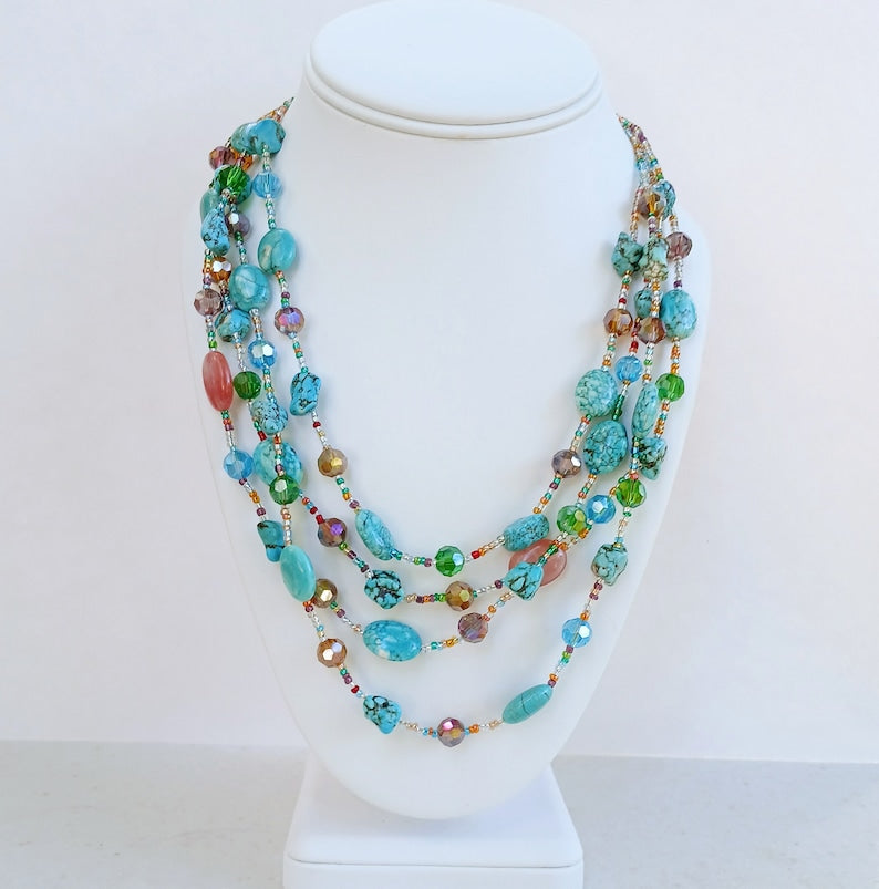 Multi-Strand Turquoise, Magnesite and Cherry Quartz Necklace