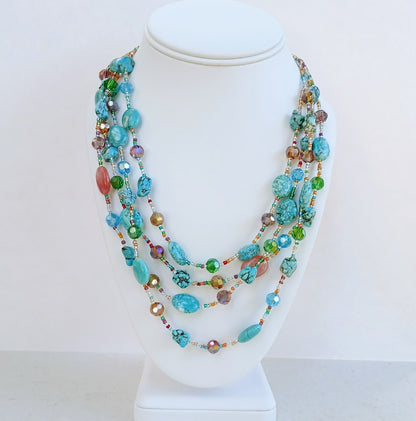 Multi-Strand Turquoise, Magnesite and Cherry Quartz Necklace
