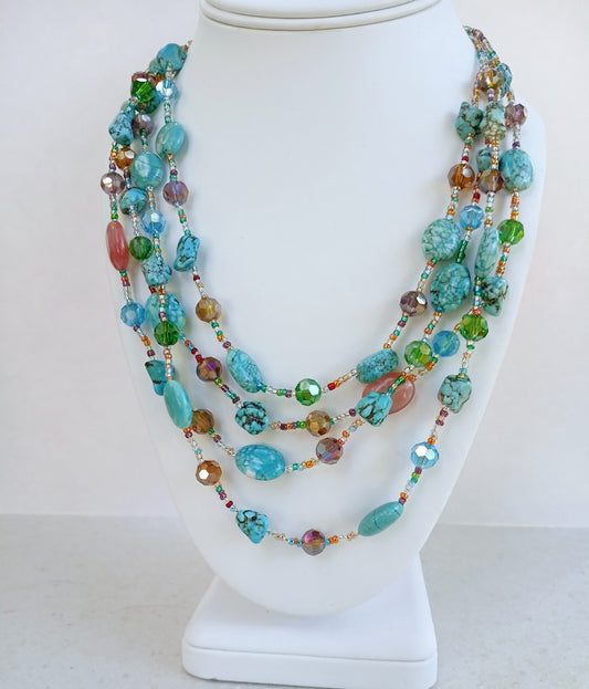 Multi-Strand Turquoise, Magnesite and Cherry Quartz Necklace