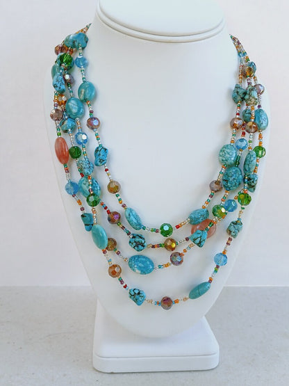 Multi-Strand Turquoise, Magnesite and Cherry Quartz Necklace