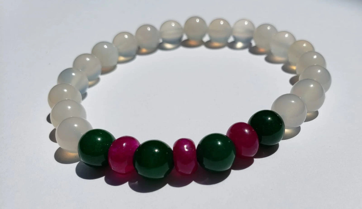 Natural White Opal and Jade Beaded Bracelet featuring 8mm stretch beads crafted for women who appreciate elegant, handmade jewelry. This lucky charm bracelet combines shimmering white opal with soothing jade stones, symbolizing balance, protection, and positive energy. Perfect gift for her on birthdays, anniversaries, or special occasions. A beautiful, versatile accessory that blends spiritual healing with stylish, artisanal craftsmanship.