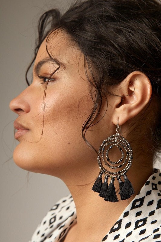 Beaded Hoop Tassel Earrings