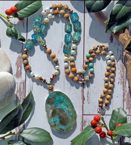 Pearl Beaded, Jasper, and Hematite Necklace