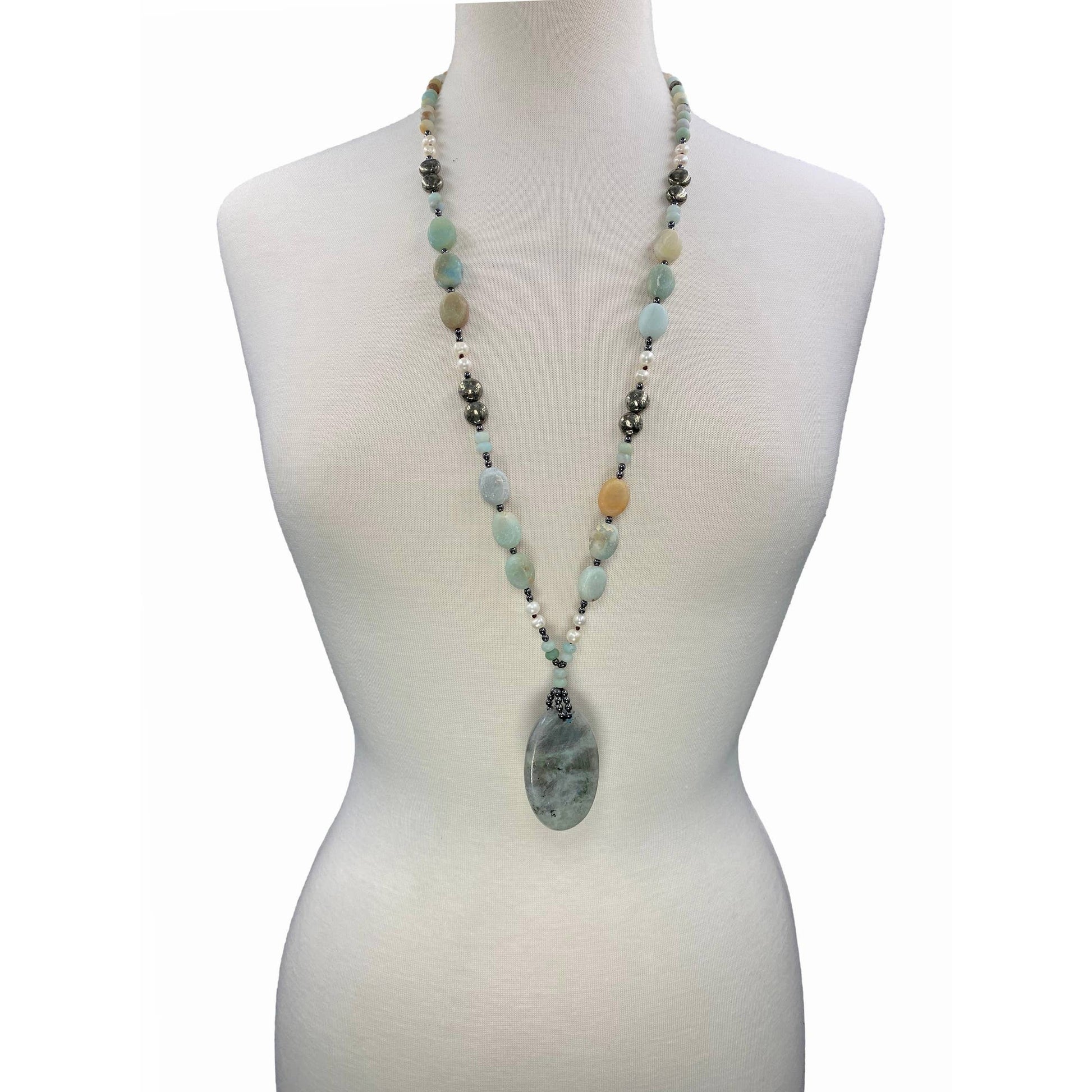 Amazonite, Pearl, Labradorite, Hematite and Pyrite Necklace