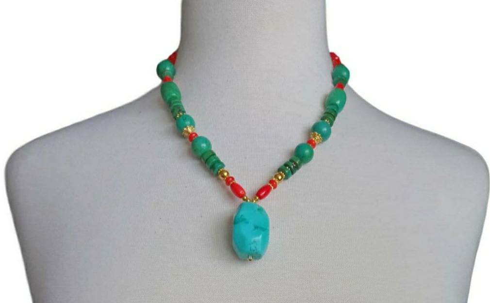 Magnesite, Turquoise and Coral Necklace