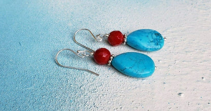 Turquoise, Red Coral Earrings