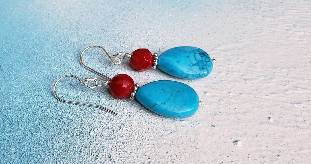 Turquoise, Red Coral Earrings