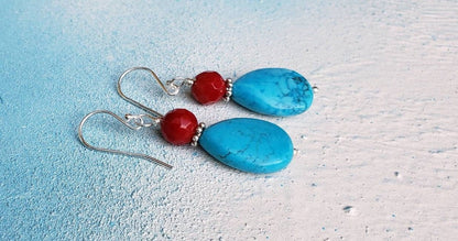 Turquoise, Red Coral Earrings