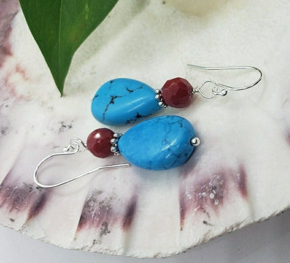 Turquoise, Red Coral Earrings