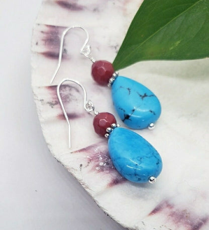 Turquoise, Red Coral Earrings