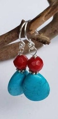Turquoise, Red Coral Earrings