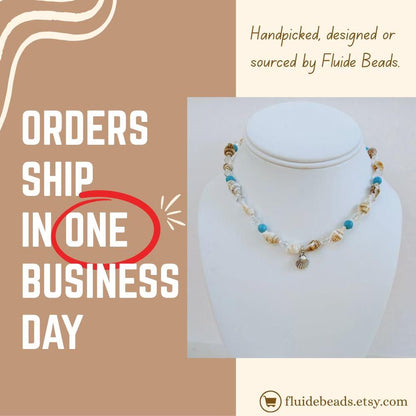 Beige Seashell and Turquoise Choker handcrafted with natural shells and vibrant turquoise beads for a beach-inspired, boho-chic look. This handmade necklace adds a coastal, summery touch to any outfit, perfect for casual wear, vacations, or seaside adventures. Ideal as a thoughtful gift for women who love beach jewelry, handmade accessories, or unique statement pieces that combine natural materials, artisanal craftsmanship, and effortless coastal style.