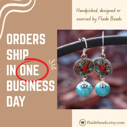 Turquoise Earrings featuring a Southwestern style with vibrant blue stones in a bold, handmade design inspired by Tibetan and Aztec jewelry. These boho statement earrings are perfect for women who love cultural patterns and earthy elegance. Lightweight and eye-catching, they make a meaningful gift for her on birthdays, holidays, or special occasions. A unique accessory that adds rustic charm and artisan style to any outfit.