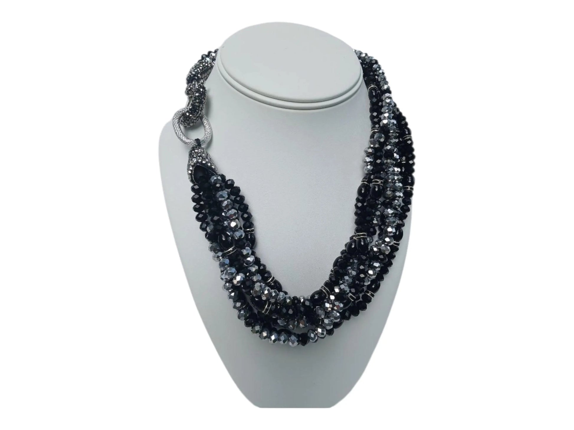 Bold chunky crystal statement necklace for women featuring multi-strand black design and handmade craftsmanship. This stylish choker adds a dramatic touch to any outfit, perfect for parties, events, or anniversary celebrations. Elegant and eye-catching, this costume jewelry piece is ideal as a unique gift for her. Designed to enhance confidence and style, this artisan necklace blends modern fashion with timeless sophistication.