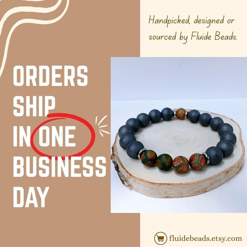 Gray Hematite Bracelet featuring Tibetan Agate accents, handcrafted as a crystal healing jewelry piece for men. This lucky charm bracelet combines the grounding energy of hematite with the protective properties of Tibetan agate, promoting balance and spiritual wellness. Lightweight and stylish, it makes a meaningful gift for him, perfect for everyday wear or meditation. Unique Tibetan-inspired design blends artisanal craftsmanship with natural healing stones.