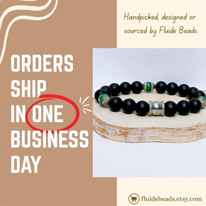 Natural Jade and Black Onyx Bracelet handcrafted as a men’s lucky charm and protection armband. This healing jewelry piece combines smooth jade and powerful black onyx stones, designed for strength, balance, and spiritual protection. Perfect handmade gift for him, ideal for birthdays, anniversaries, or wellness gifts. Stylish and meaningful, this men’s stretch bracelet blends natural energy with everyday wearable craftsmanship.