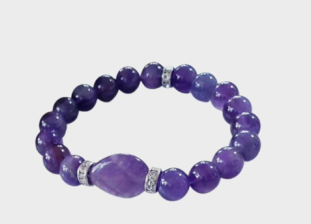 Amethyst Healing Bracelet handcrafted with natural amethyst and moonstone crystals, known for promoting happiness, healing, and spiritual balance. This elegant handmade bracelet combines calming purple tones with iridescent moonstone for a serene, empowering look. Ideal gift for her, this crystal jewelry piece supports emotional wellness and attracts positive energy. Perfect for birthdays, wellness gifts, or everyday wear with mindful intention.