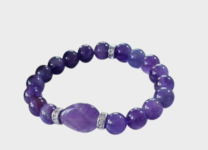 Amethyst Healing Bracelet handcrafted with natural amethyst and moonstone crystals, known for promoting happiness, healing, and spiritual balance. This elegant handmade bracelet combines calming purple tones with iridescent moonstone for a serene, empowering look. Ideal gift for her, this crystal jewelry piece supports emotional wellness and attracts positive energy. Perfect for birthdays, wellness gifts, or everyday wear with mindful intention.