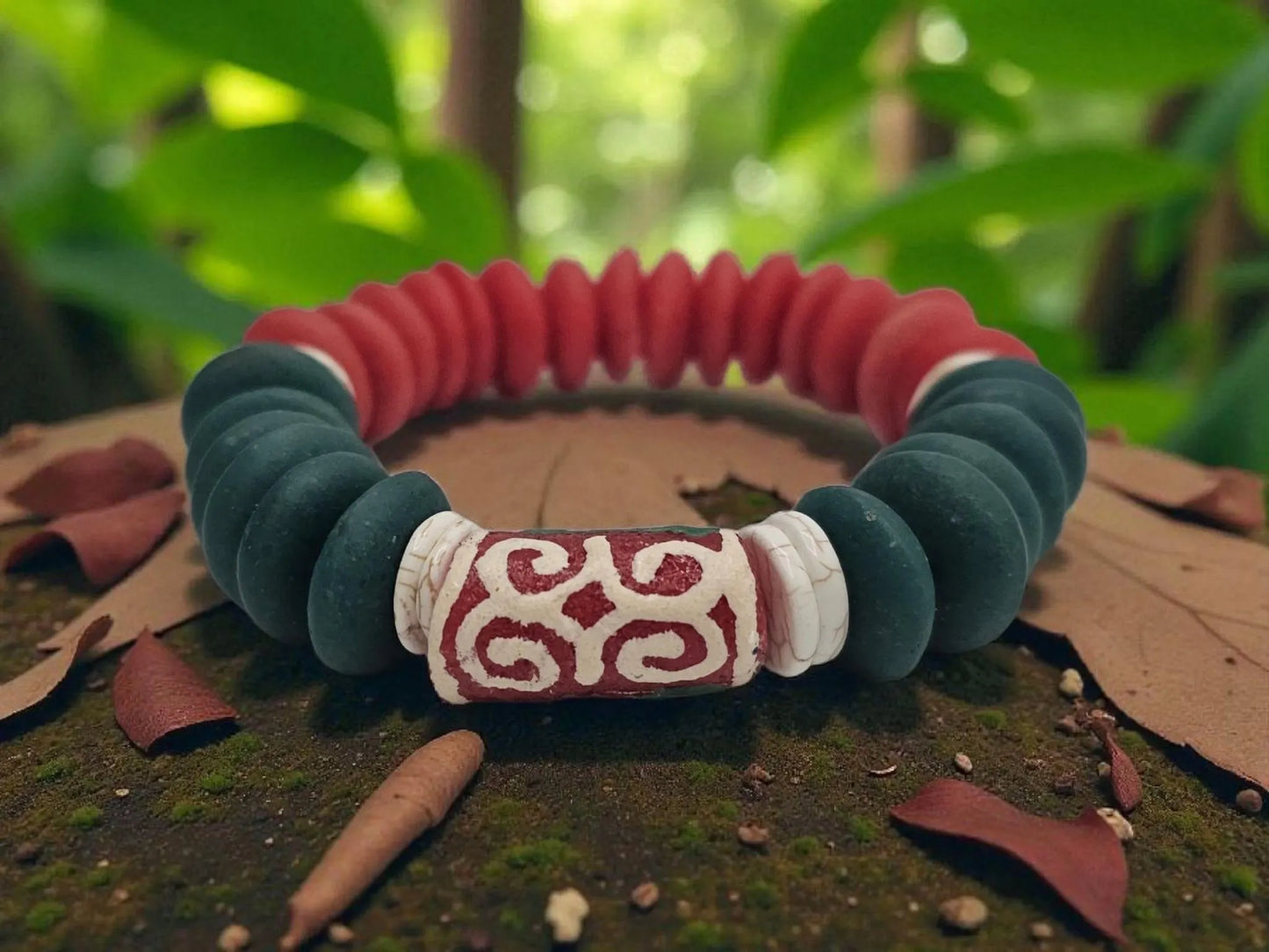 Ashanti-inspired green, red, and white glass beaded bracelet featuring bold, chunky African jewelry design. Handcrafted to reflect rich cultural heritage, this vibrant bracelet blends traditional African artistry with Native American and Southwestern style influences. A striking gift for her, perfect for those who appreciate unique, ethnic accessories that celebrate identity, color, and craftsmanship