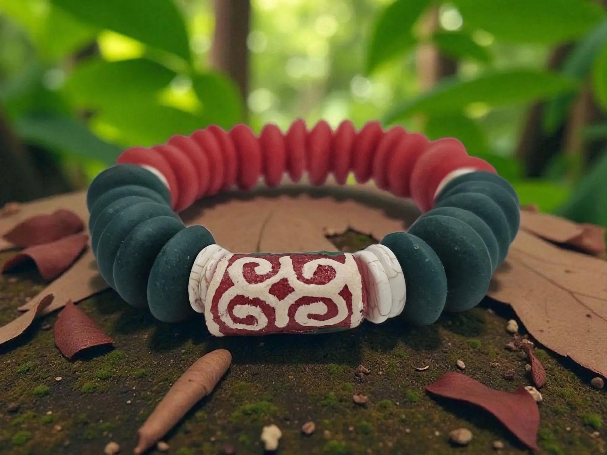Ashanti-inspired green, red, and white glass beaded bracelet featuring bold, chunky African jewelry design. Handcrafted to reflect rich cultural heritage, this vibrant bracelet blends traditional African artistry with Native American and Southwestern style influences. A striking gift for her, perfect for those who appreciate unique, ethnic accessories that celebrate identity, color, and craftsmanship