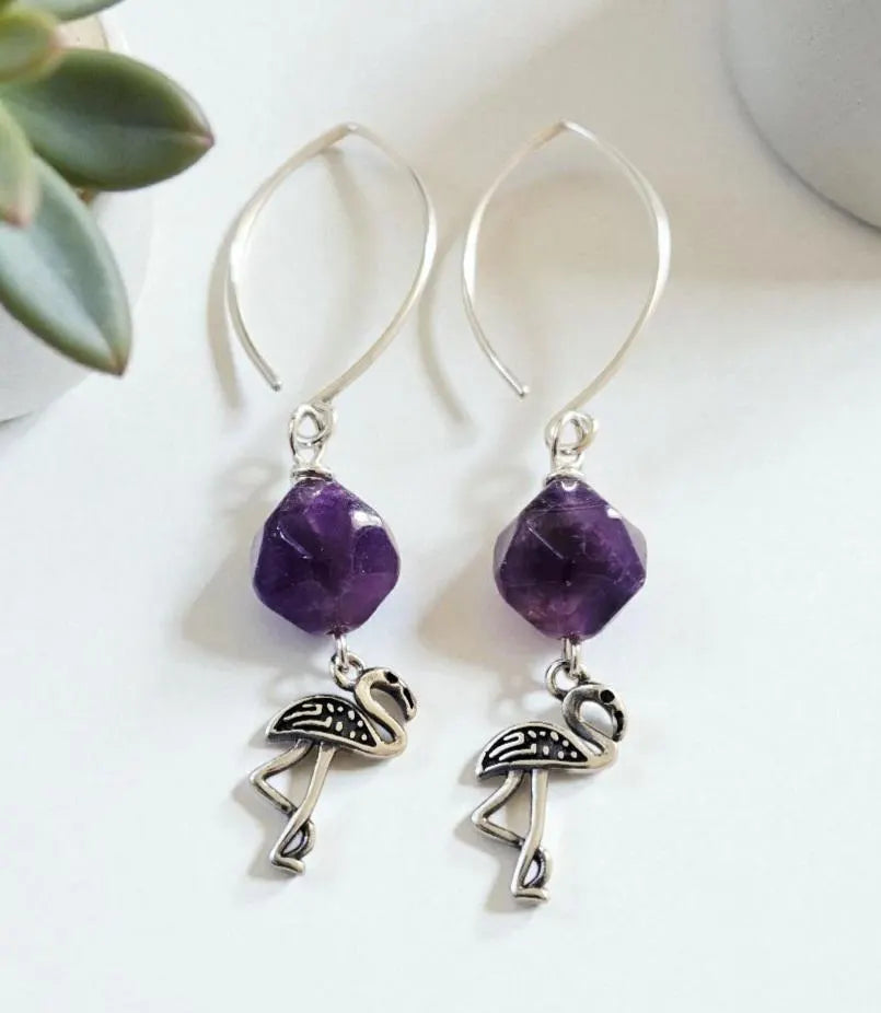 Amethyst Vintage Flamingo Earrings featuring elegant purple gemstone accents and charming flamingo designs. A stylish and feminine accessory perfect as a gift for her, combining vintage flair with a touch of whimsy. Ideal for birthdays, anniversaries, or special occasions.